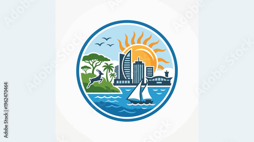 Cityscape Icon with Wildlife and Sailing Boat