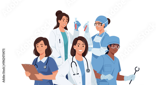 Diverse Women Healthcare Professionals Team: Doctors, Nurses, and Scientists Illustration