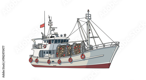 Detailed illustration of a white commercial fishing trawler boat equipped with large nets and orange lifebuoys.