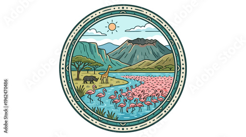 African Landscape Circle Badge with Flamingos and Wildlife