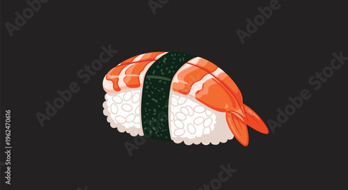 Single piece of shrimp nigiri sushi with a bright orange prawn and a strip of dark green seaweed on a black background.