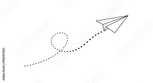 Simple black and white illustration of a paper airplane flying through the air with a dashed line trail indicating its path.