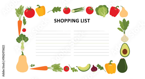 Useful shopping list template with a colorful decorative frame made from various fresh vegetables like carrots and tomatoes.