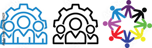 Diverse group of people holding hands in a circle with gear icons