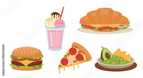 Variety of popular fast food items including a burger, a slice of pizza, a creamy milkshake, and a large croissant sandwich.