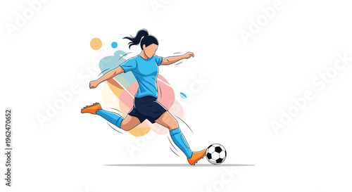Dynamic and energetic illustration of a female soccer player in a blue uniform kicking a ball against a colorful backdrop.