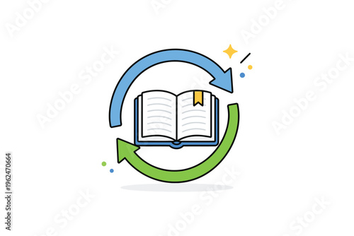 Continuous learning cycle illustrated with an open book and circular arrows.