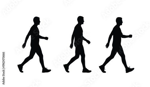 Silhouette of a person walking in three stages showcasing motion and movement in a simple black and white illustration
