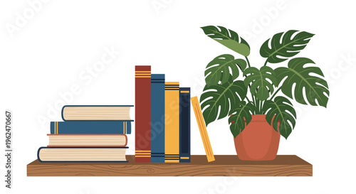 Sturdy wooden bookshelf holding several colorful hardcover books next to a large and vibrant potted monstera houseplant.