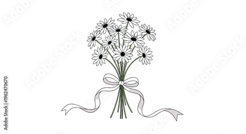 Elegant black and white line art illustration of a daisy flower bouquet tied with a long flowing decorative ribbon.
