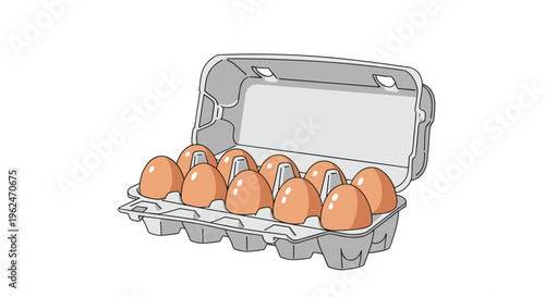 Full cardboard carton of twelve fresh brown chicken eggs shown open against a plain white background in a simple style.
