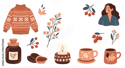 Cozy autumn lifestyle collection including a patterned sweater, hot drinks, a candle, botanical elements, and a female character.