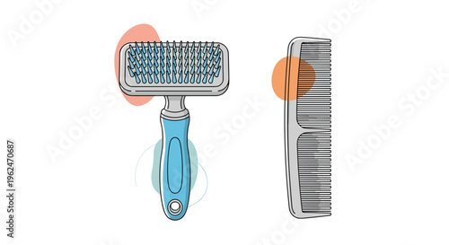 Professional pet grooming accessories including a blue slicker brush and a grey fine-tooth comb for dogs and cats hair care.