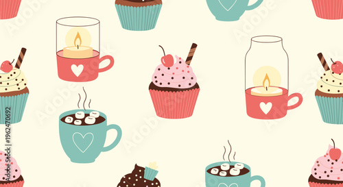 Seamless pattern featuring delicious cupcakes with cherries, mugs of hot chocolate with marshmallows, and glowing glass candles.