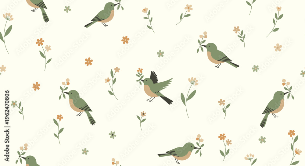 Fototapeta premium Sweet seamless pattern showing small green birds holding flower branches flying among tiny blossoms on a cream background.