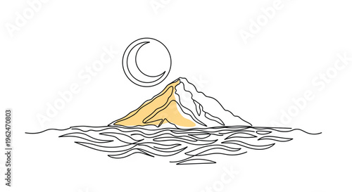 Simple minimalist line art drawing of a mountain peak under a glowing crescent moon reflecting on gentle wavy water surfaces.