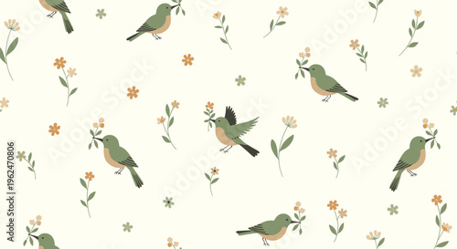Sweet seamless pattern showing small green birds holding flower branches flying among tiny blossoms on a cream background.