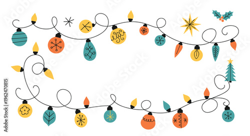 Decorative strings of colorful christmas lights with various bulb shapes and festive patterns on a white background.