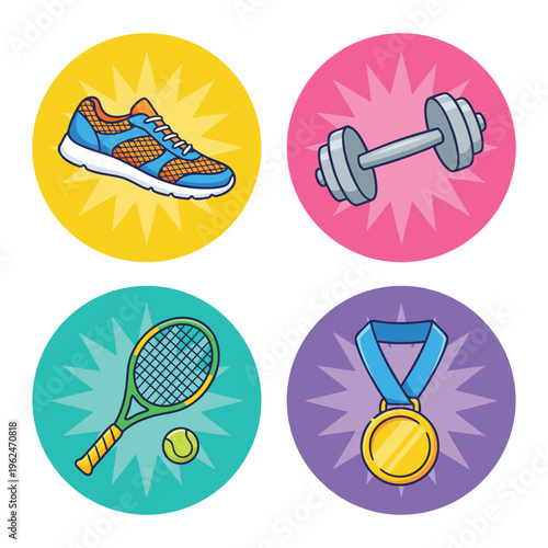 Set of colorful icons representing sports and fitness activities.