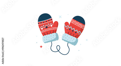 Pair of festive red and blue winter mittens with white fur trim and decorative patterns connected by a simple string.