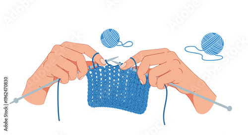 Pair of hands diligently knitting a blue piece of warm fabric with metal needles and yarn balls shown in the background.