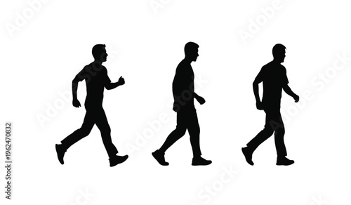 Three black silhouette figures of men walking in a row on white background