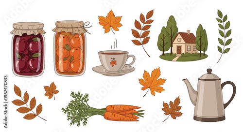 Collection of autumn harvest items including jars of preserves, carrots, a teapot, coffee, a house, and falling maple leaves.