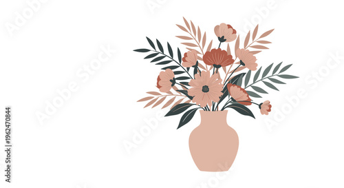Elegant flower arrangement in a pink ceramic vase featuring delicate pink blossoms and various green and dark leaves.