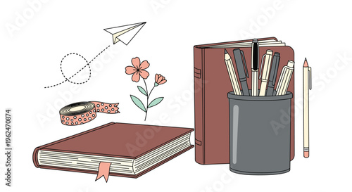 Collection of various desk stationery items including notebooks, pens in a cup, a paper airplane, tape, and a small flower.