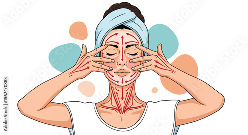 Diagram of a woman performing a facial massage with red arrows indicating the correct direction for skin care movements.