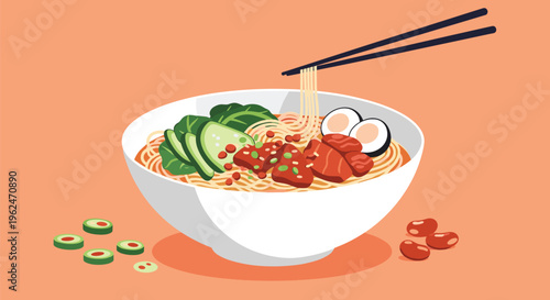 Delicious bowl of ramen with noodles, meat, greens, and boiled eggs served in a white bowl with chopsticks on an orange background.