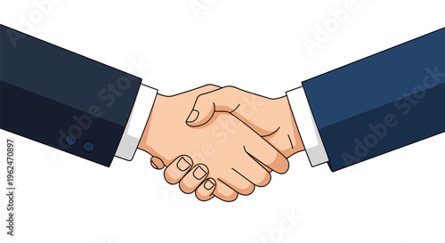 Close up illustration of two business people in dark suits shaking hands representing a deal, agreement, or partnership.