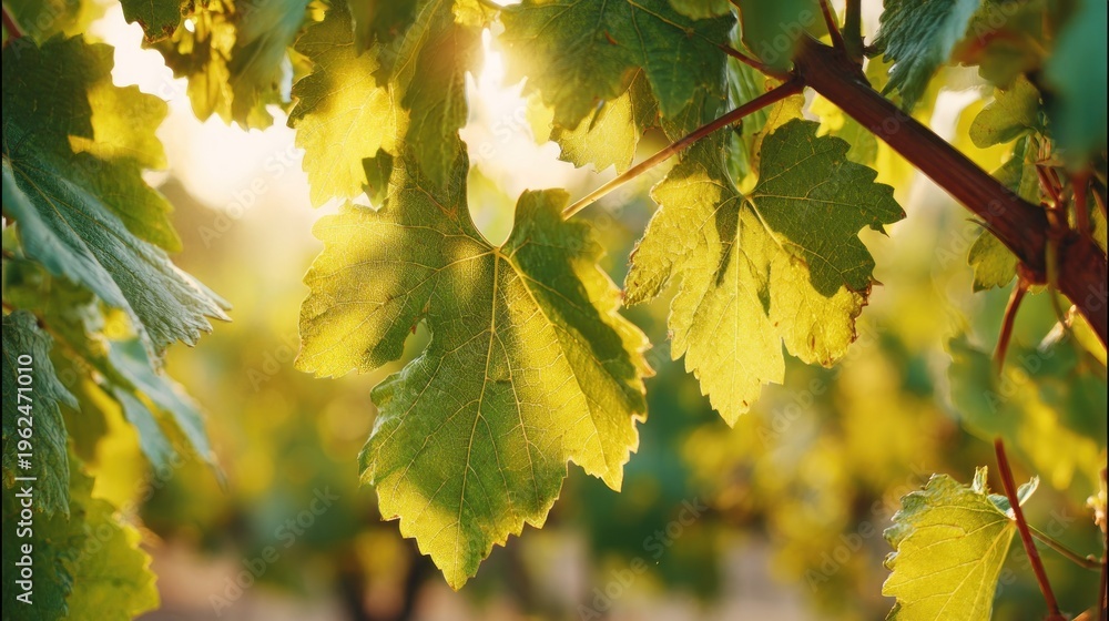 Fototapeta premium Close up of vibrant green grape leaves illuminated by golden sunlight