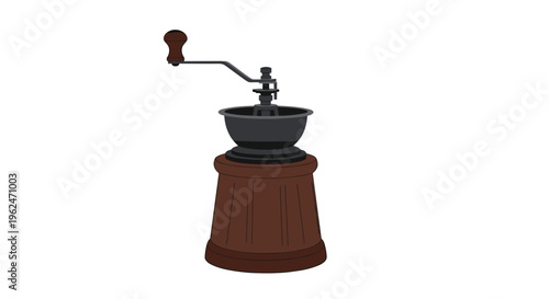 Vintage manual coffee grinder with a dark wooden base and a metal handle for grinding beans into fresh powder.