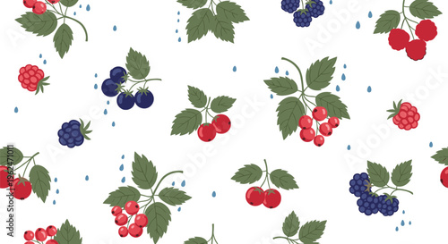 Seamless pattern of various berries like raspberries, blueberries, and currants with green leaves and blue raindrops on a white background.