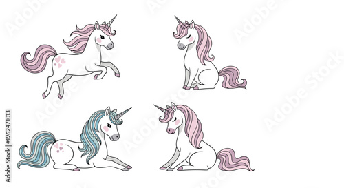 Collection of four cute cartoon unicorns in different poses with pink and blue manes and small hearts on their bodies.