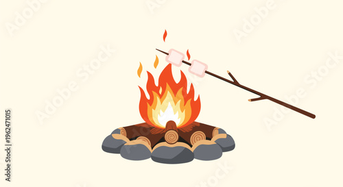Warming campfire with burning logs surrounded by stones and two marshmallows on a single branch being roasted over the flames.