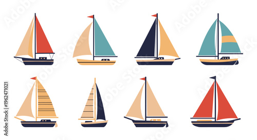 Collection of eight different sailboats with various hull shapes and colorful sails sailing on a white background.