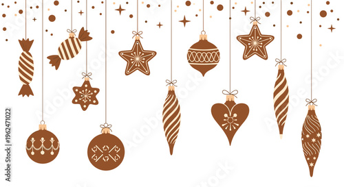 Festive border of various brown christmas ornaments including balls, stars, hearts, and candies hanging from strings with stars and dots.