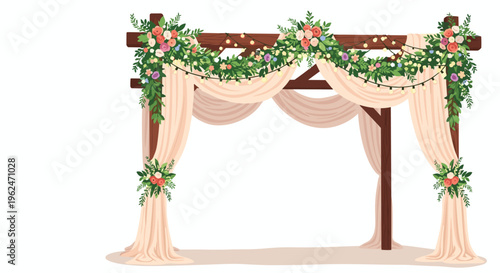 Beautiful wooden wedding arch decorated with pink and white flowers, green leaves, flowing fabric, and a string of lights.
