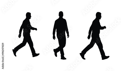 Three black silhouette figures of men walking in a row on white background