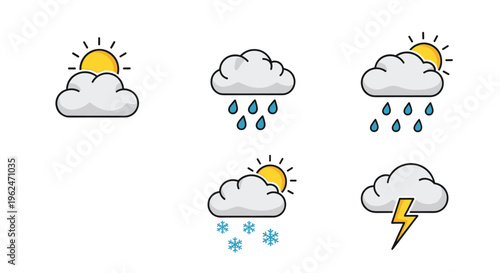 Set of five colorful weather icons representing sunny with clouds, rain, rainy with sun, snow, and a thunderstorm.