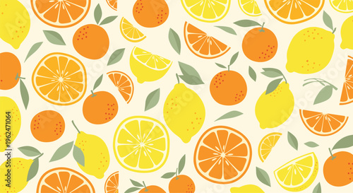 Vibrant seamless pattern featuring whole, sliced, and halved lemons and oranges with green leaves on a pale yellow background.