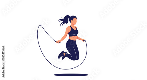 Sporty woman in athletic wear jumping rope as part of a fitness workout session against a clean white background.