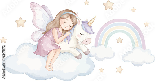 Little girl fairy sitting on cloud with unicorn and rainbow in magical scene