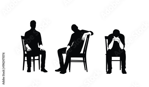 Three silhouetted figures sitting on chairs in different poses conveying emotions and body language through their postures silhouette