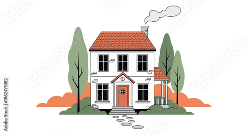 Charming two story white house with a red tiled roof, a front porch, and tall green trees in the backyard under a clear sky.