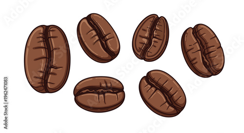 Six brown roasted coffee beans scattered across a white background showing their characteristic texture and shape.