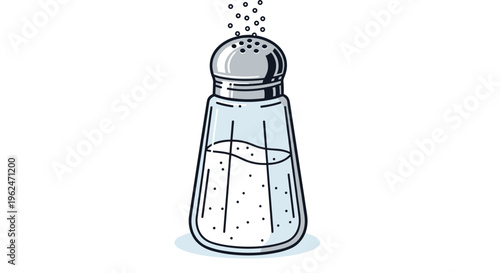 Realistic glass salt shaker filled with white salt grains and a silver metal cap with grains falling out on a plain white background.