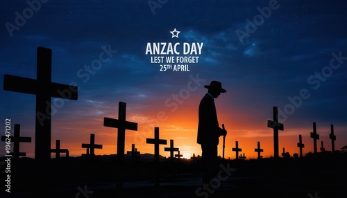 Silhouette of a veteran standing in a cemetery at sunset, anzac day commemoration, lest we forget